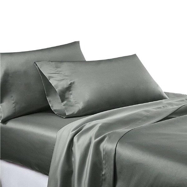 Grey Silk Satin Sheet Flat Fitted Sheet Pillowcase Set Single