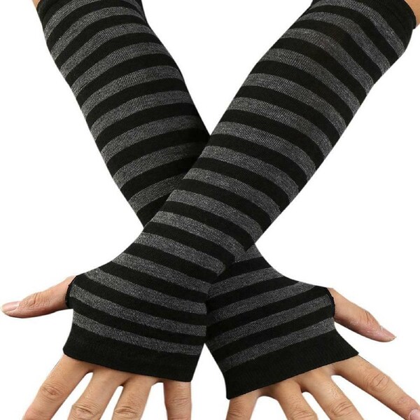 Long Knitted Wrist Arm Hand Warmer Fingerless Gloves Black and Grey Stripe