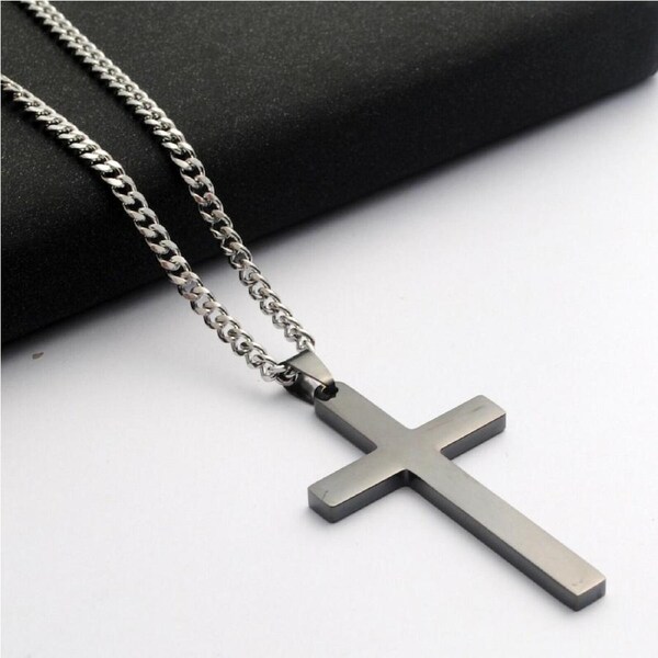 Stainless Steel Jesus Cross Crucifix Pendant Necklace - Black 24 inches (60cm)