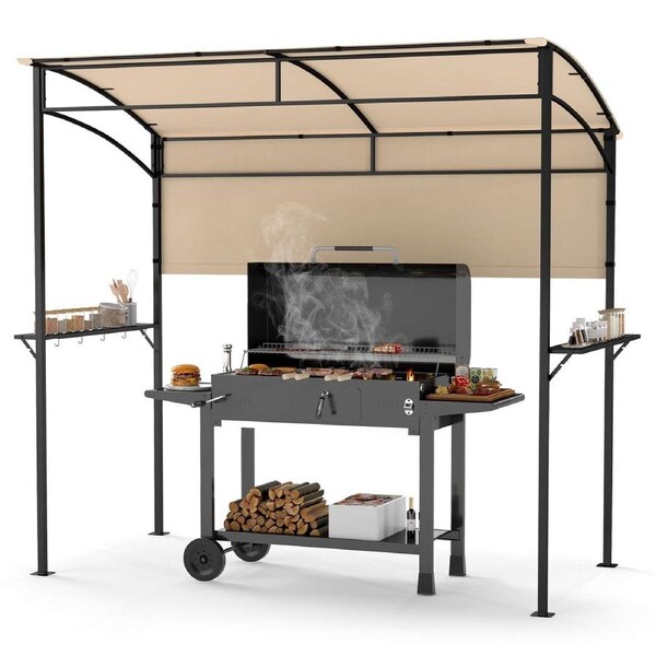 Costway Outdoor Grill Gazebo BBQ Canopy Shelter Camping Barbecue Tent Patio Party w/Storable Shelf Hanging Hooks Beige