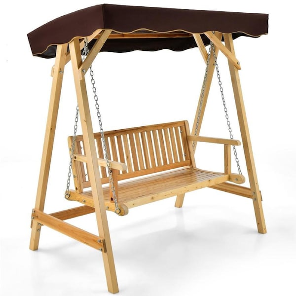 Costway Swing Chair Wood Garden Hanging Bench Seat Adjustable Outdoor Furniture w/Canopy Patio Beach Natural