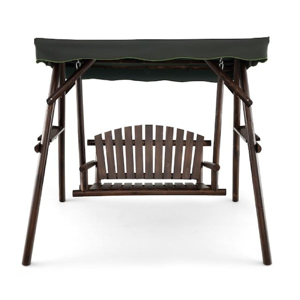 Costway Swing Chair Wood Garden Hanging Bench Seat Outdoor Furniture w/Canopy Sidetables Patio Beach Brown