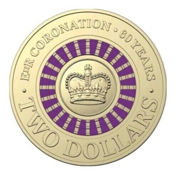 (NB) 2013 AUSTRALIAN TWO DOLLAR $2 COLOURED COIN PURPLE QUEEN'S CORONATION lightly CIRC in capsule