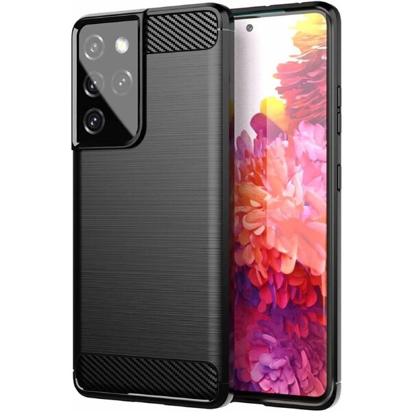 For Samsung Galaxy S21 Ultra 5G Case Brushed Carbon Fiber Texture Style Ultra-Thin TPU Soft Rubber Anti-Drop Protective Cover-Black