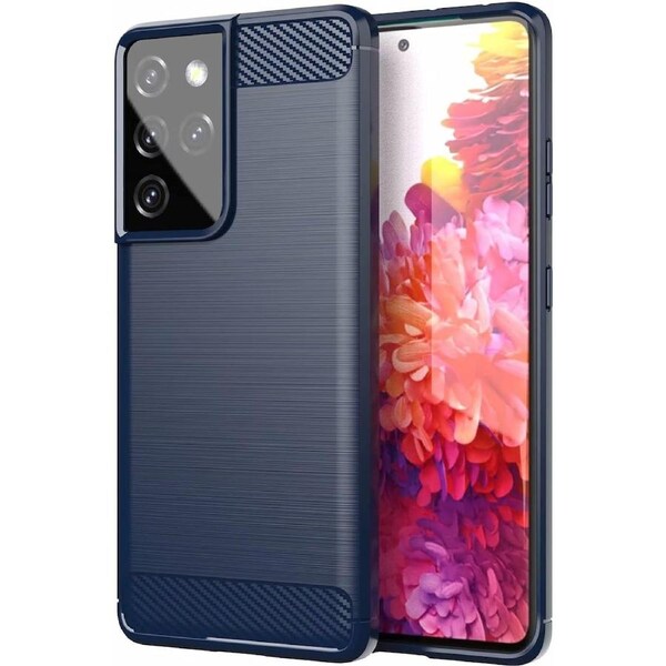 For Samsung Galaxy S21 Ultra 5G Case Brushed Carbon Fiber Texture Style Ultra-Thin TPU Soft Rubber Anti-Drop Protective Cover-Navy Blue