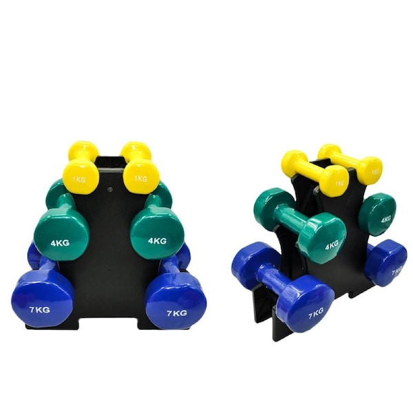 1kg + 4kg + 7kg - Total 24kg With 1 Free Rack - 3 Pairs PVC Dumbbell Set Weight