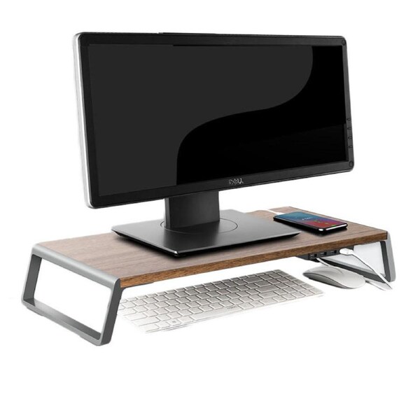 Nevenka Simple Monitor Stand Riser Desk Organizer Stand with USB Interface-Dark Wood Grain