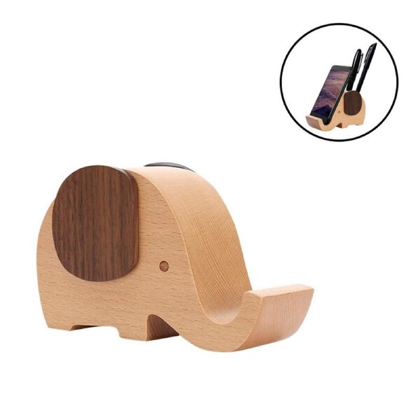 Nevenka Wood Cellphone Holder Cute Desktop Phone Stand with Pen Holder-Elephant