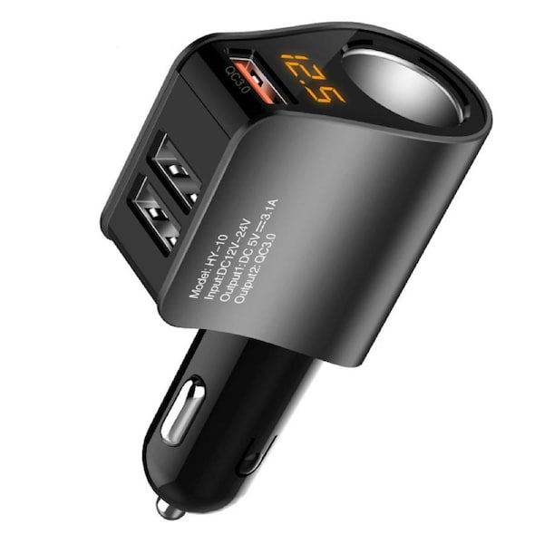 Nevenka Multi USB Cigarette Lighter Adapter Socket Splitter with 3 USB and Voltage Meter-Gray