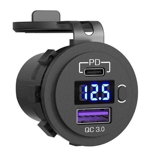 Nevenka USB C Car Charger Socket 12V/24V Dual USB Outlet PD3.0 QC3.0 Car USB Port with LED Voltmeter-Blue Light