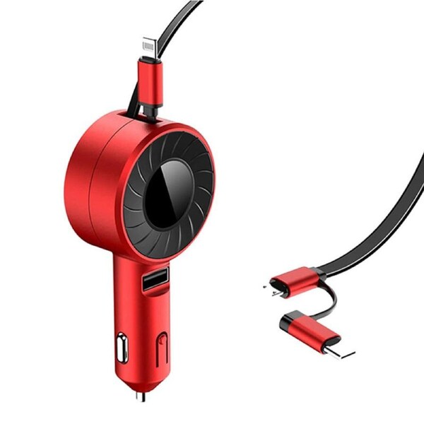 Nevenka 3-in-1 Multiple Retractable Fast Car Charger with Dual Port USB Cables for iPhone Android Type-C Port-Red