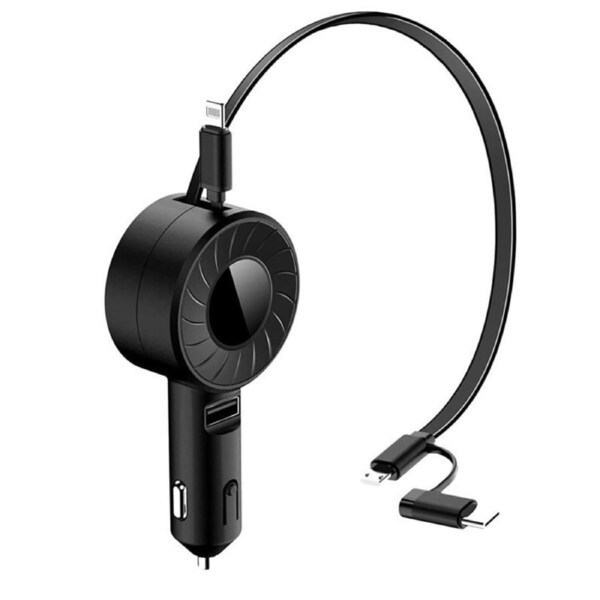 Nevenka 3-in-1 Multiple Retractable Fast Car Charger with Dual Port USB Cables for iPhone Android Type-C Port-Black