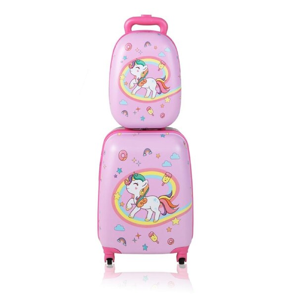 Costway 2PCS Luggage Set 16'' & 13'' Backpack Travel Suitcase Carry On BagBaggage Pink