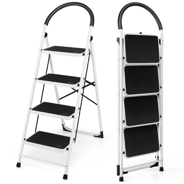 Costway 4-Step Folding Ladder Portable Step Stool Steady Stepladder Steel Home Garage w/Anti-Slip Pedal Hand Grip