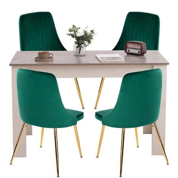 Grey Rectangular Dining Table with 4x Green Velvet Chairs