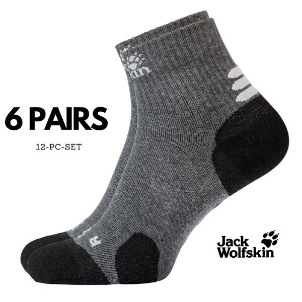 6 Pairs Jack Wolfskin Cotton Socks Travel Organic Mid Cut Hiking Trekking Ankle - Dark Grey - 35-37