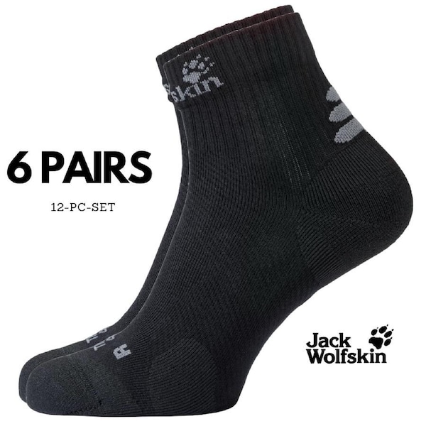 6 Pairs Jack Wolfskin Cotton Socks Travel Organic Mid Cut Hiking Trekking Ankle - Black - 35-37
