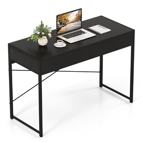 Giantex Home Office Computer Desk Study Writing Table w/ Steel Frame & 2 Drawers PC Storage Desk Black