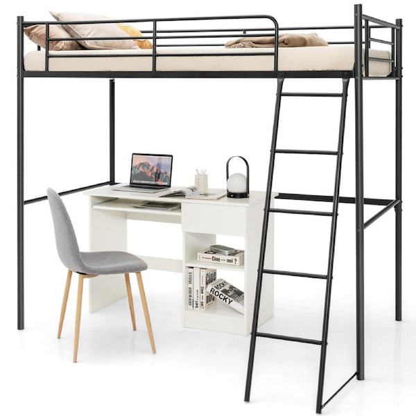 Giantex Metal Loft Bed Frame Heavy-duty Steel Bed Frame w/High Guard Rails & Ladder Underneath Floor Space Single Size Black