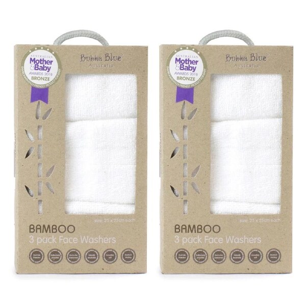 6pc Bubba Blue 25cm Square Bamboo Face Washer Set Soft Baby Towel Cloth White