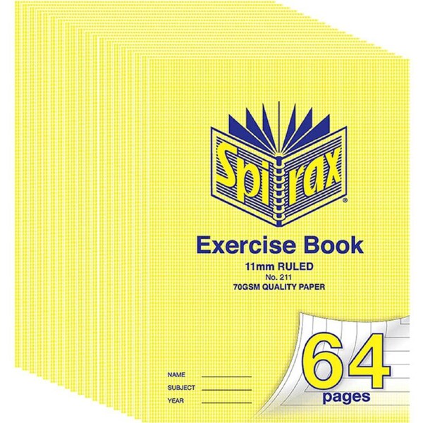 Spirax 211 Exercise Book Ruled Lines 11mm 70GSM 64 Page A4 20 Pack