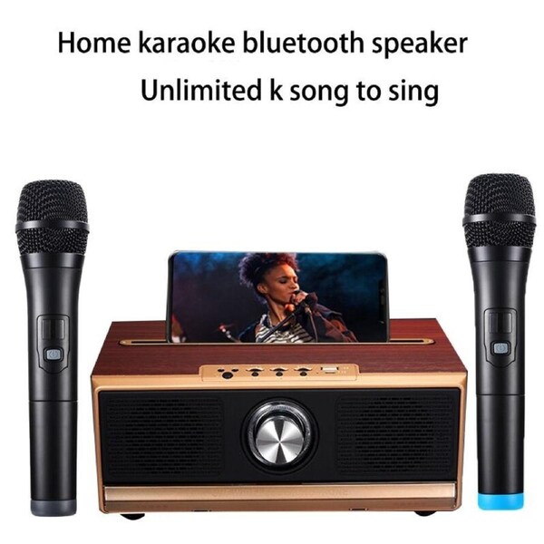 High-power home TV karaoke wooden bluetooth speaker stereo three-in-one with wireless dual microphone amplifier subwoofer audio