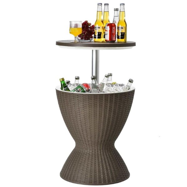 Costway 30L Cooler Ice Bucket Bar Table All-weather Coffee Table Rattan Outdoor Furniture Party Poolside Barbecue Brown