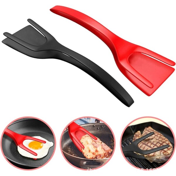 2Pcs 2 in 1 Spatula Tongs Heat Resistant Grip Flip Non- Stick Fried Egg Turners