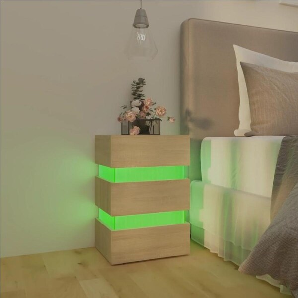 SoftGlow Bedside Tables LED Lights 3 Drawers Nightstand Cabinet Bedroom Oak