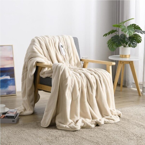 Dreamaker Coral Fleece Electric Heated Throw Blanket Washable Cream 180x200cm