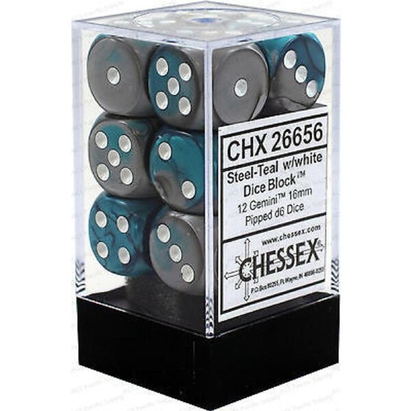 CHX 26656 D6 Dice Gemini 16mm Steel-Teal/White (12 Dice in Display)