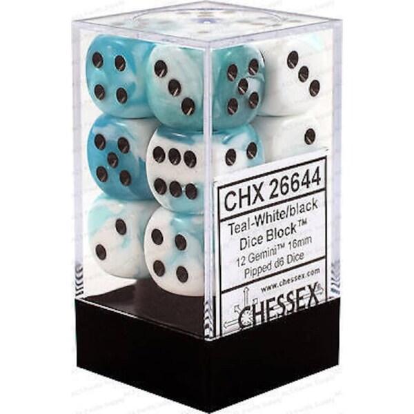 CHX 26644 D6 Dice Gemini 16mm Teal-White/Black (12 Dice in Display)