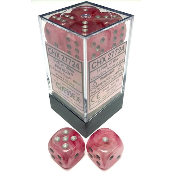 CHX 27724 D6 Dice Ghostly Glow 16mm Pink/Silver (12 Dice in Display)