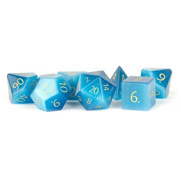 MDG Gemstone 16mm Polyhedral Dice Set - Engraved Cats Eye Aquamarine