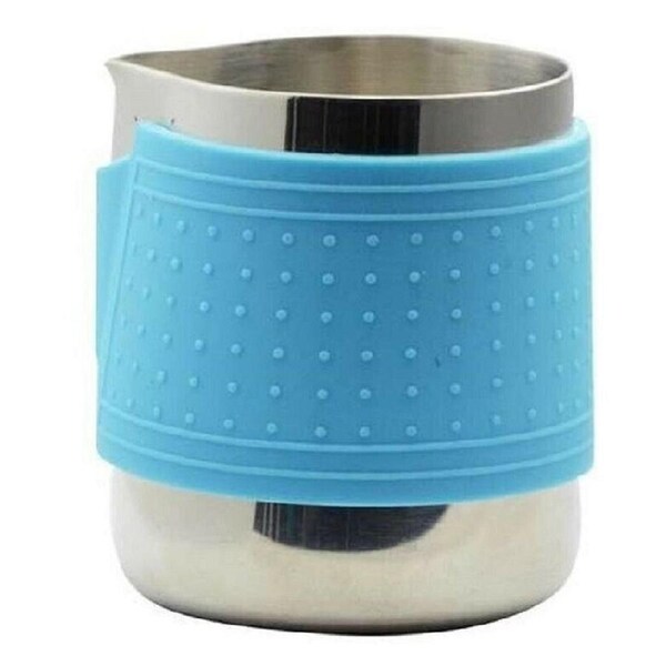 Stainless Steel Milk Frothing Jug Coffee Pitcher W/ Blue Silicone Sleeve 350ml