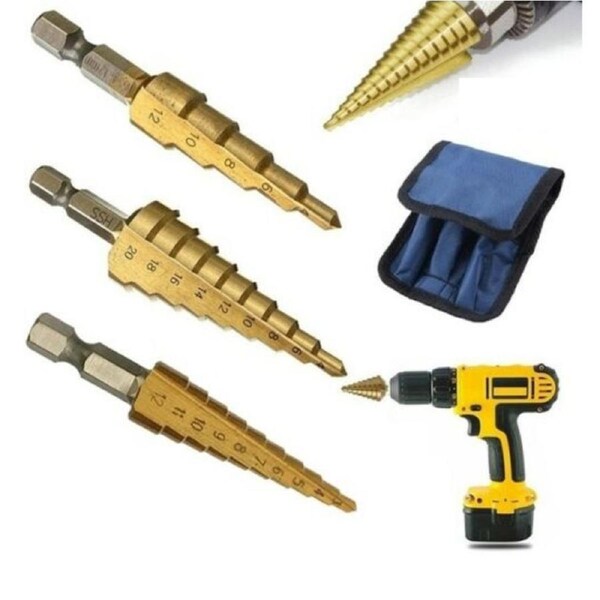 3pcs HSS Steel Step Cone Drill 3-12/4-12/4-20mm Titanium Bit Set Hole Cutter
