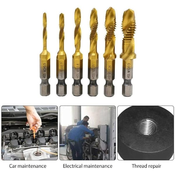 6x HSS Hex Shank Tap Drill Bits Metric Thread Screw Compound Tapping Set Tool