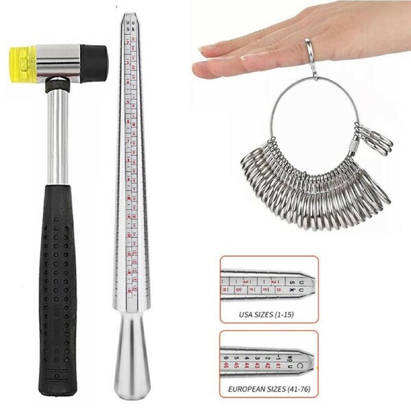 Silver Ring Sizer Size Gauge Tool Set Finger Measuring Stick Metal Ring Mandrel