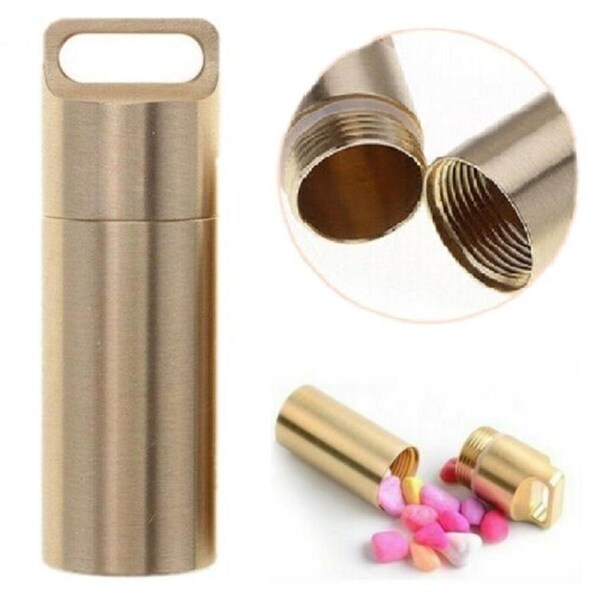 Waterproof Pill Box Case Brass Container Keyring Medicine Capsule Holder Medium