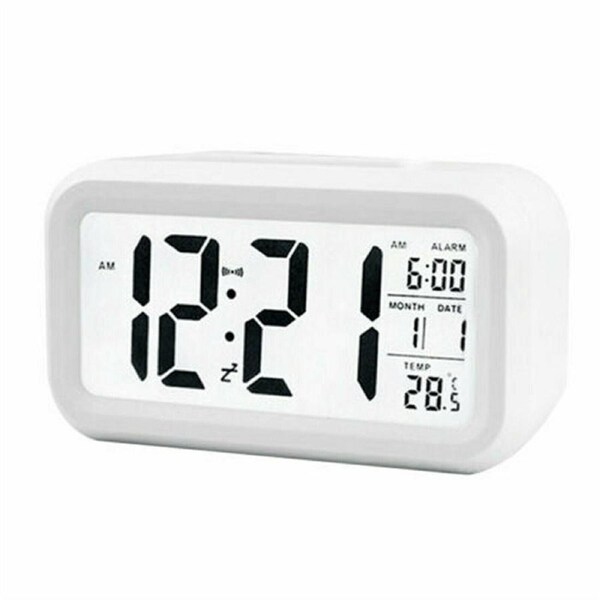 Digital Bedside LED Snooze Alarm Clock Time Temperature Day/Night Desktop White