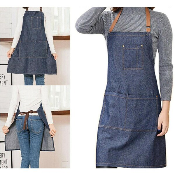 Denim Apron Adjustable Pocket Baking Cooking Oil Resistant Kitchen Bar Chefs Bib