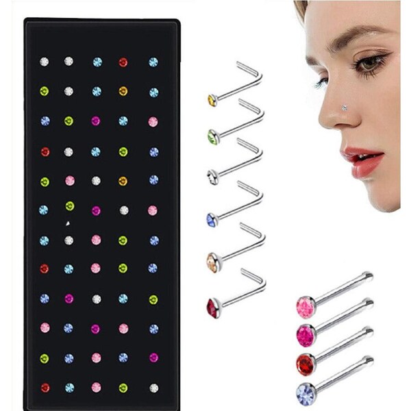 60pcs Nose Stud Crystal Mix Colour Bulk Bone Straight Stud Fashion Bar Piercing