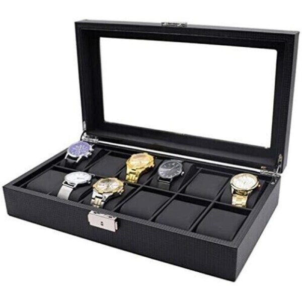 12 Grids Carbon Fiber Watch Box PU Storage Case Display Organizer Holder