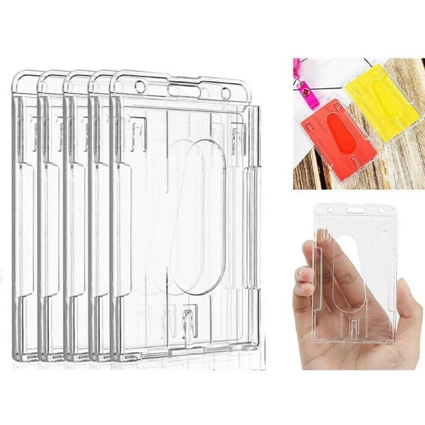 5pcs Clear ID Card Holder Hard Plastic Vertical Double Sides Badge Business Work