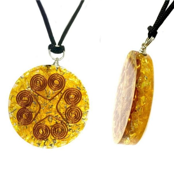 Citrine Heart Copper Coil Orgonite Pendant Prosperity Gemstone Disc Reiki Energy
