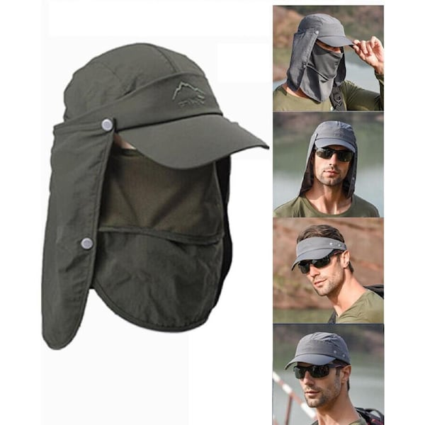 Unisex Face Neck Flap Hat Wide Brim Cap Hiking Fishing UV Sun Protection Green