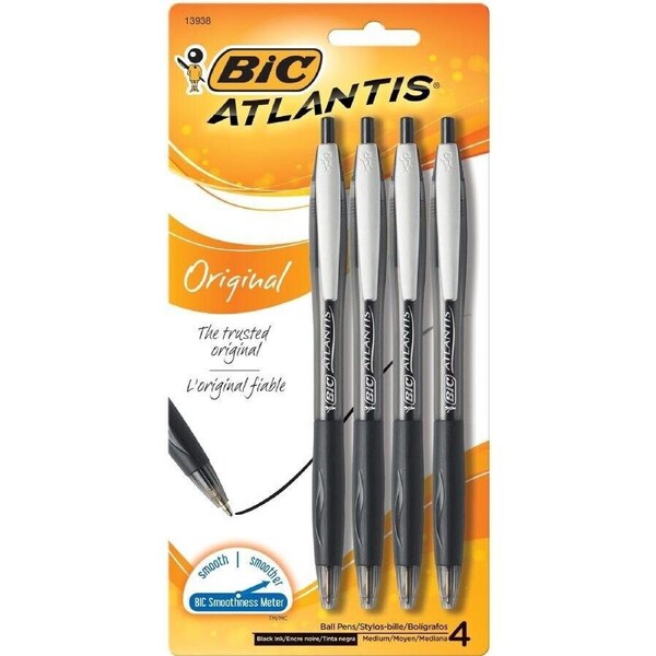 4x BIC Atlantis Retractable Ballpoint Original Medium Black Rubber Grip Ink Set