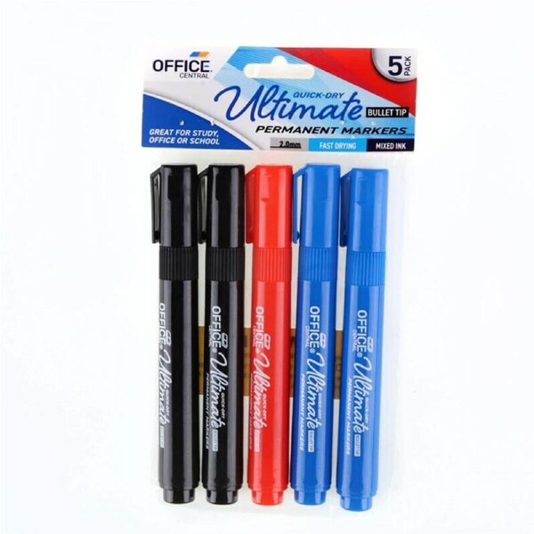 5x Permanent Marker Pen Bullet Tip Black Red Blue Stationery Office Set 2MM
