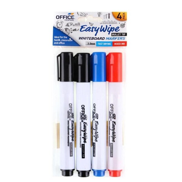 4x Whiteboard Markers Bullet Tip Black Blue Red Colours Home Office School 2.0MM