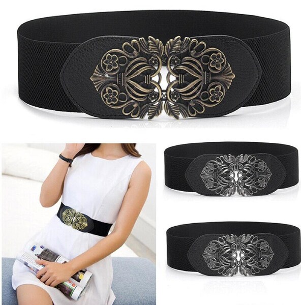 Retro Totem Waistband Elastic Stretch Dress Waist Belt Buckle Band Women - Black